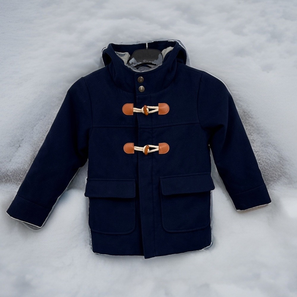 Cat & Jack Navy Pea Coat with Tan Toggle buttons Hooded Size S classic